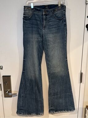 Express Women's Medium-Dark Blue Flare Jeans with Waist Details